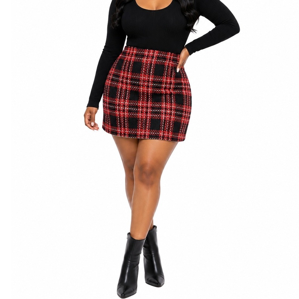 Loft Red Black Plaid Tweed Mini Skirt Womens 10 Lined A-Line Tartan Check